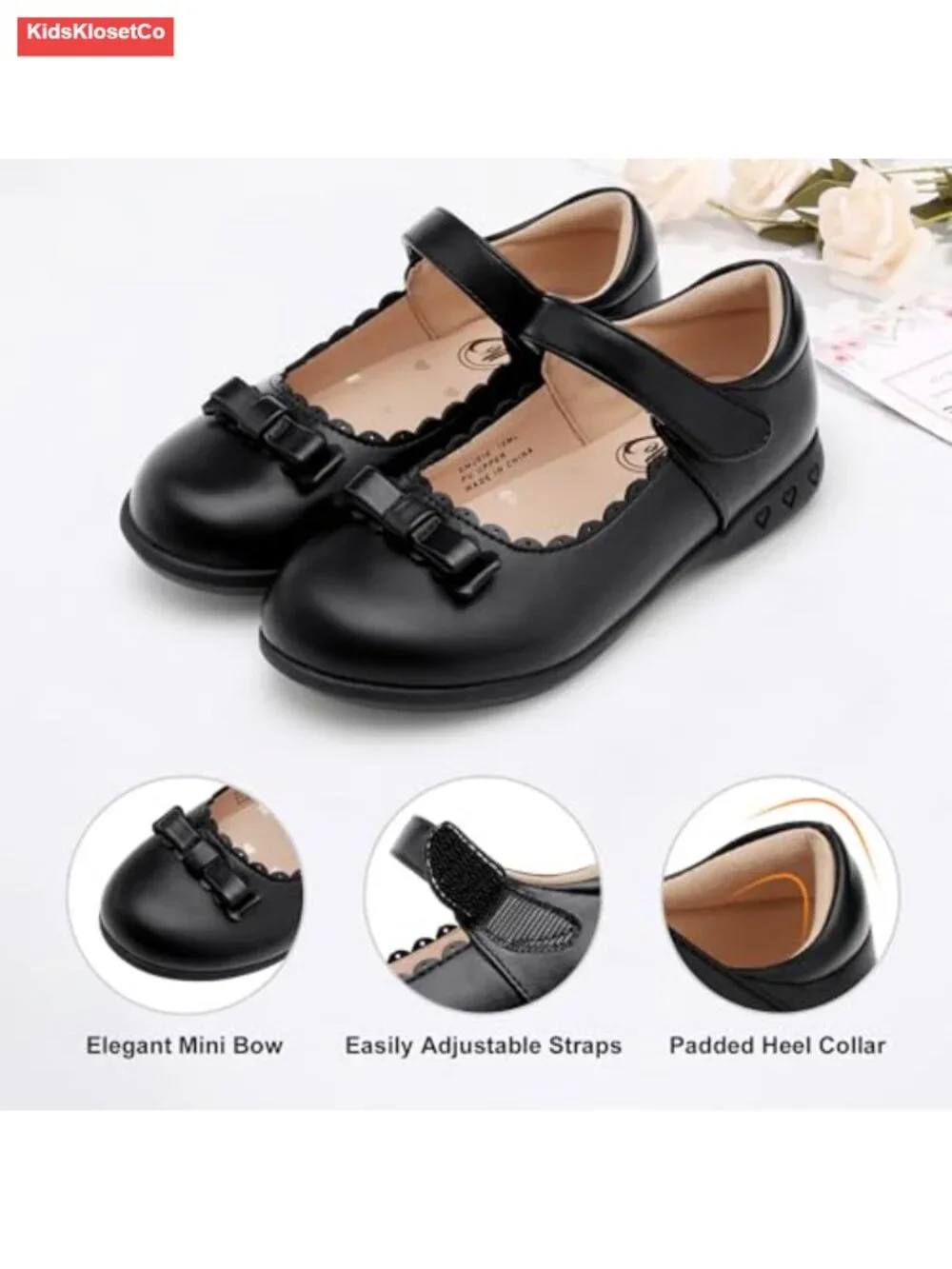 Girls' Mary Jane School Shoes Scalloped Faux Leather Bow Flats Hook & Loop